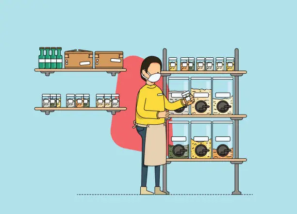 Vector illustration of Male bulk food store owner working on organizing the stock and shelf of the shop. Adjusting to the new normal and social distancing norms, wearing mask at work.