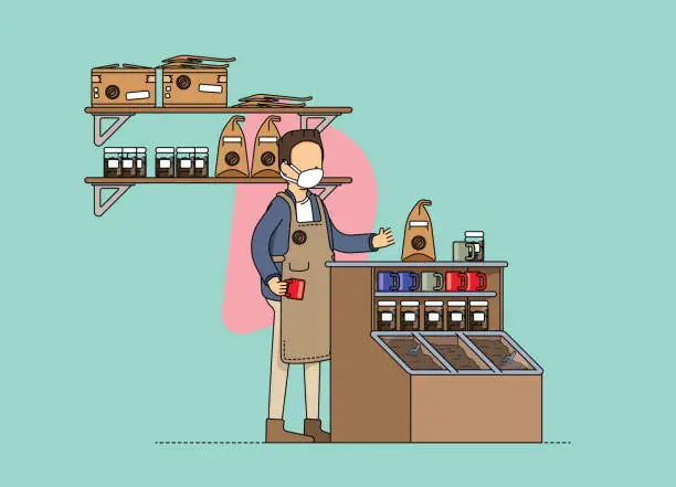 Vector illustration of Male fair trade coffee store owner, preparation of an order for delivery. Adjusting to the new normal and social distancing norms, wearing mask at work.