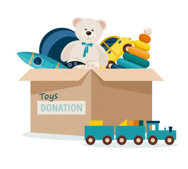Vector illustration of Charitable toys donation for kids. Toys donations box isolated on white background