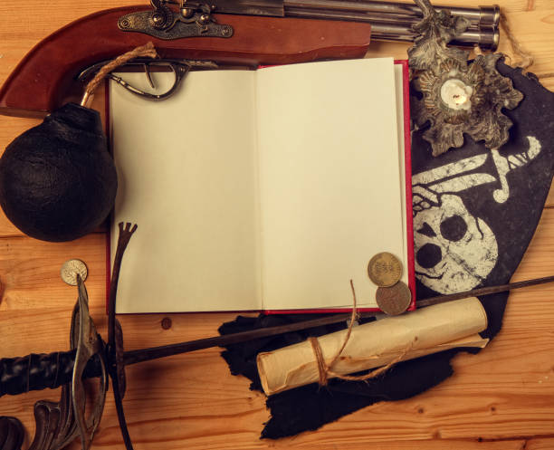 istock conceptual photo - an open book with an empty space for your text telling about pirates and on a wooden table 1271889849
