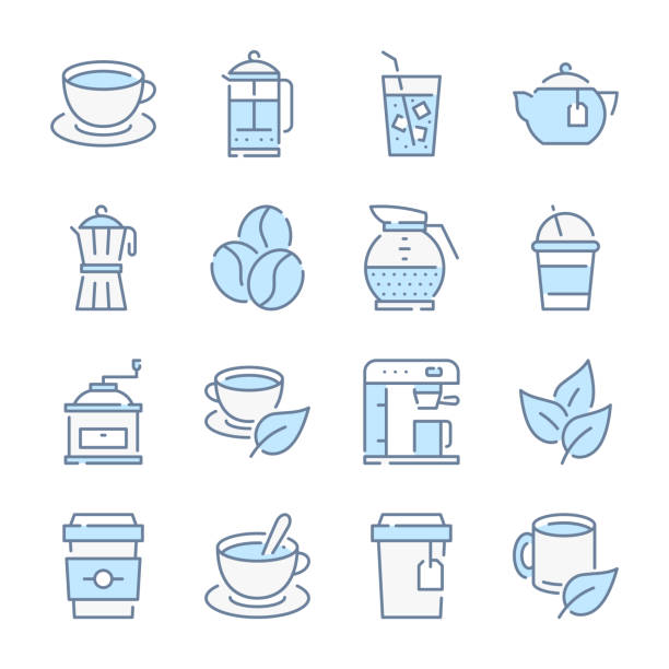 ilustraciones, imágenes clip art, dibujos animados e iconos de stock de café, té y café relacionados con iconos de color de línea azul. - made in japan