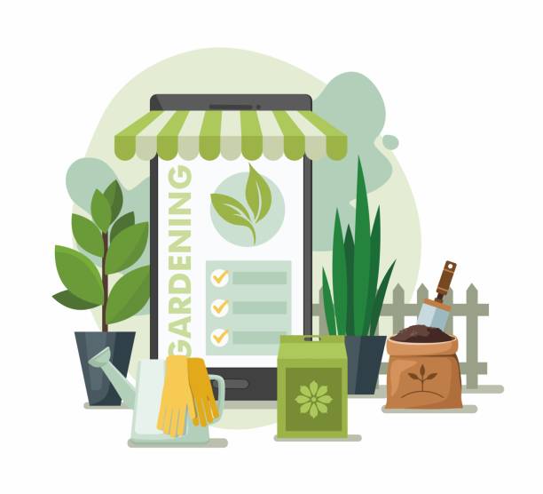 illustrazioni stock, clip art, cartoni animati e icone di tendenza di strumenti e piante da giardinaggio. concetto di negozio di giardinaggio online. - 4598