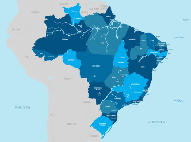 Vector illustration of Brazil country political map with isolated provinces, regions, states, departments and cities, easy to ungroup.