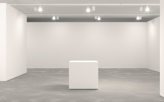 Empty pedestal inside exhibition gallery with blank walls illuminated by bright light. Industrial architecture style. White partitioning walls and concrete ceiling, unfurnished.  Empty museum space with no people, copy space. Digitally generated image.
