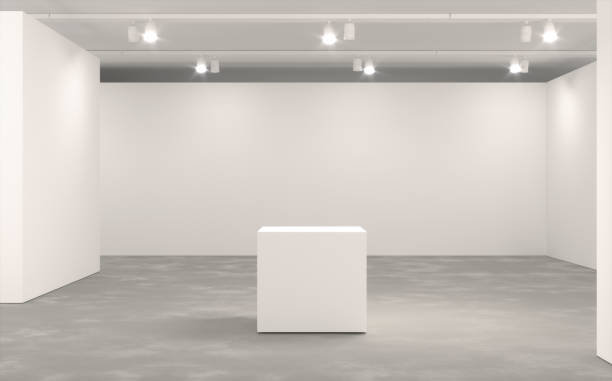 Empty pedestal inside exhibition gallery Empty pedestal inside exhibition gallery with blank walls illuminated by bright light. Industrial architecture style. White partitioning walls and concrete ceiling, unfurnished.  Empty museum space with no people, copy space. Digitally generated image. pedestal stock pictures, royalty-free photos & images