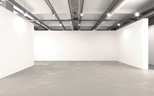 Museum gallery with empty walls illuminated by bright light. Industrial architecture style. White partitioning walls and concrete ceiling.  Empty museum space with no people, copy space. Digitally generated image.
