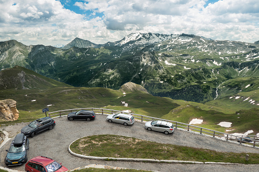 Cars on their way to the Edelweissspitze, Tirol, Austria. Grossglockner Hochalp Strasse /Grossglockner mountain road.