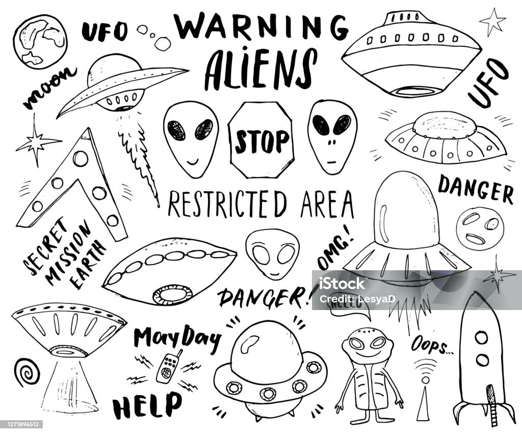 Vetores de Aliens E Ovnis Desenhados À Mão Espaçonaves Alienígenas