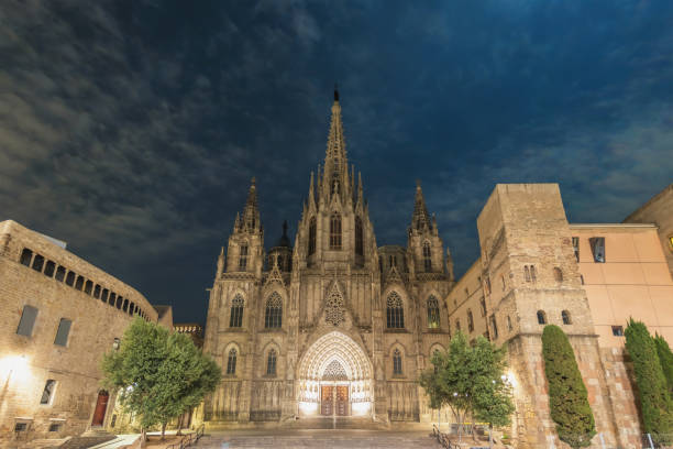 istock Barcelona Spain, city skyline night at Barcelona Cathedral empty nobody 1271897721