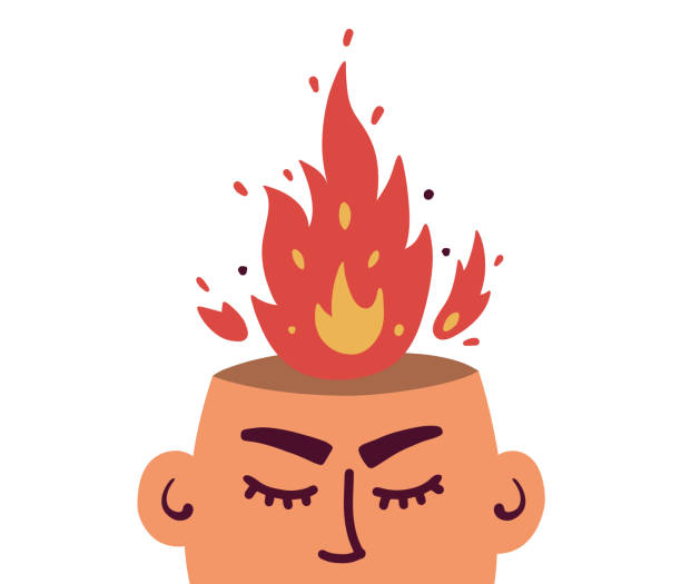 Burnout, anger, burning brain concept with human head and fire flame from above Vector illustration of anger, fury, annoyance. Burnout, stress, emotional problem abstract concept. Burning brain. Aflame mind. Angry man or woman. Human head and fire flame from above. Mental illness abhor stock illustrations