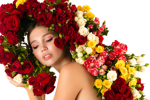 charming woman with roses cut out on white background