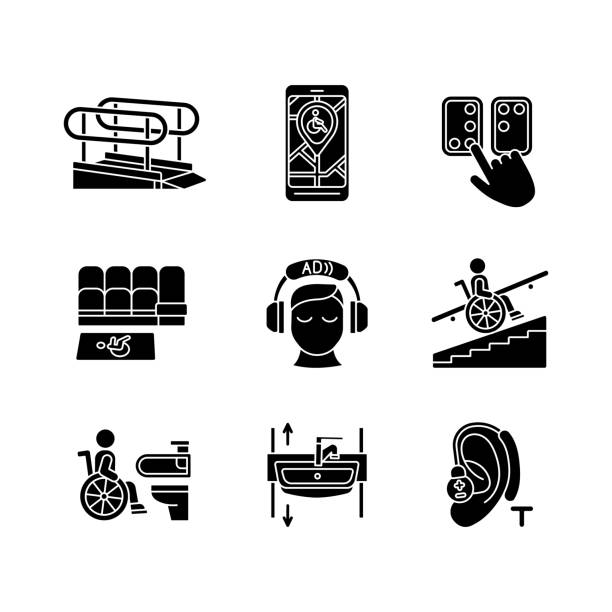 ilustrações, clipart, desenhos animados e ícones de instalações para pessoas com deficiência ícones glifos negros definidos no espaço branco - silhouette interface icons wheelchair icon set
