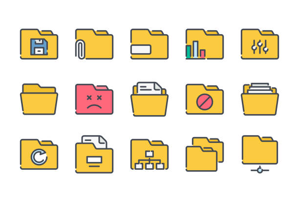 Folder related color line icon set. Document archive colorful linear icons. File organization flat color outline vector sign collection. Folder related color line icon set. Document archive colorful linear icons. File organization flat color outline vector sign collection. open access repository stock illustrations