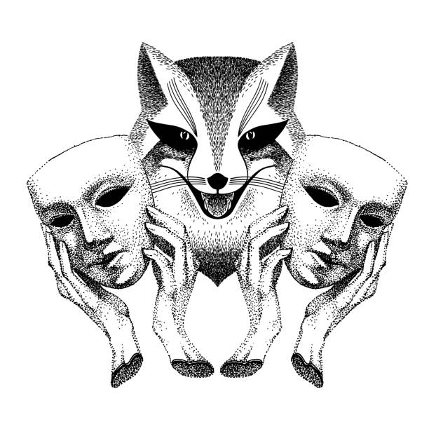 Trickster. Sly fox smiles. Fox with two masks in his hands. tattoo. Liar, dodger, mischievous, hoaxer. archetype in mythology, folklore and religion. Trickster. Sly fox smiles. Fox with two masks in his hands. Fashionable black and white tattoo. Liar, dodger, mischievous, hoaxer. archetype in mythology, folklore and religion. fire fox stock illustrations