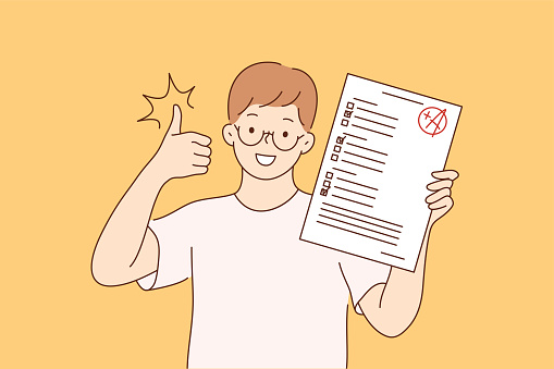 Childhood, education, study, success, like concept. Young happy cheerful smiling boy pupil character standing with test exam results showing thumbs up. Successful goal achievement and back to school.