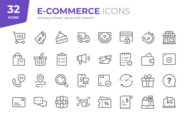 ikony linii e-commerce. edytowalny obrys. pixel perfect. - cash register e commerce technology shopping cart stock illustrations