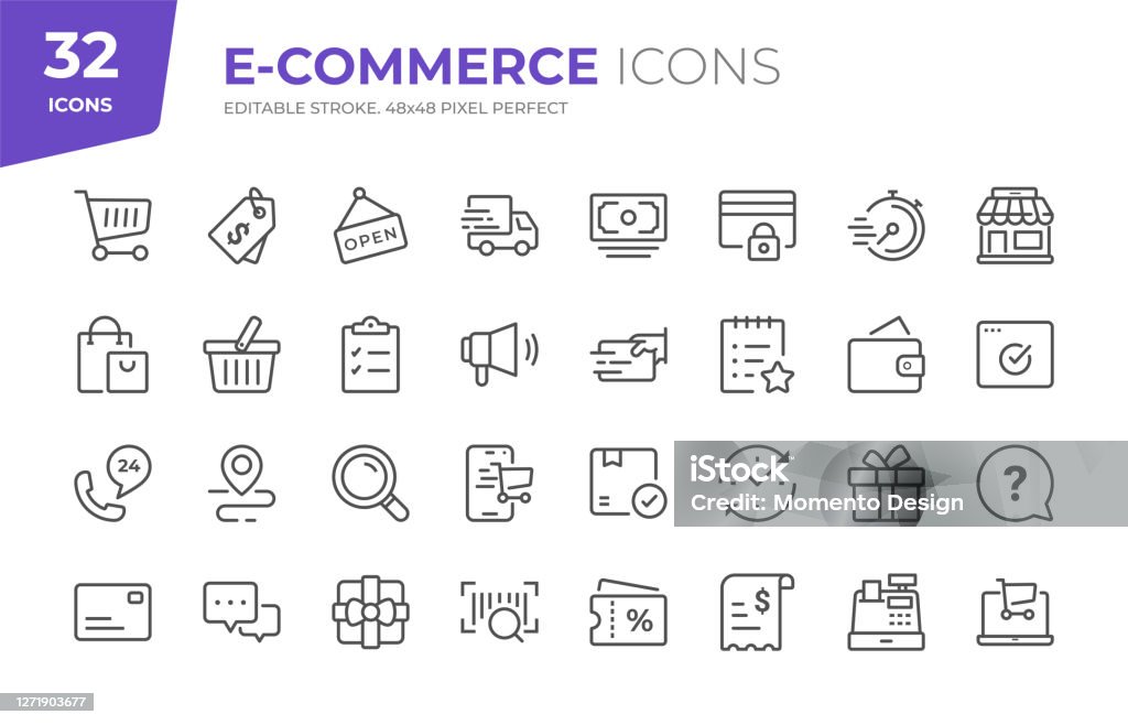 E-Commerce Line Icons. Editable Stroke. Pixel Perfect. 32 E-Commerce Outline Icons - Adjust stroke weight - Easy to edit and customize Icon stock vector