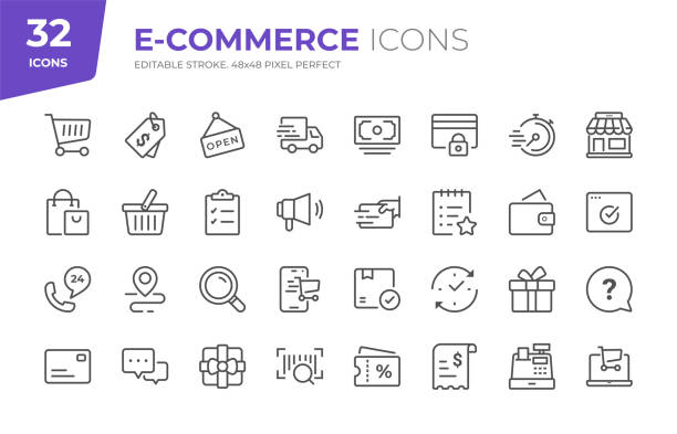 E-Commerce Line Icons. Editable Stroke. Pixel Perfect. 32 E-Commerce Outline Icons - Adjust stroke weight - Easy to edit and customize retail stock illustrations