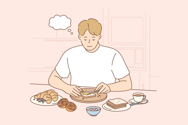 Health, care, food, thinking concept Health, care, food, thinking concept. Young thoughtful smiling pensive man boy character making toast spreading butter on bread at breakfast lunch dinner at home kitchen. Healthy eating lifestyle spreading cheese stock illustrations