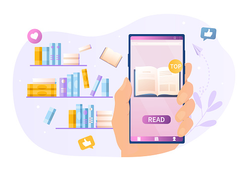 Online library concept with books on shelves and an ebook app on a handheld mobile phone, colored vector illustration