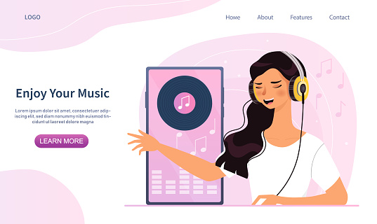 Enjoy Your Music web page template with young woman listening to a soundtrack on a mobile device over headphones as she sings along, colored vector illustration