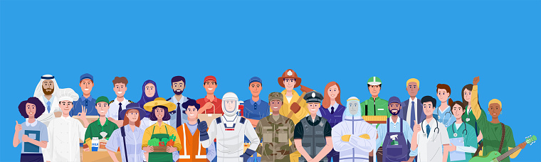 Collective Occupations Group Of Different Occupations Standing On Blue Background Vector Stock ...