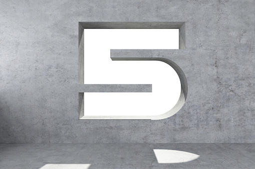 number 5 is carved into a concrete wall. 3d rendering