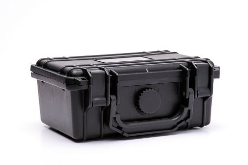 Pressure-resistant plastic small black case on white background.