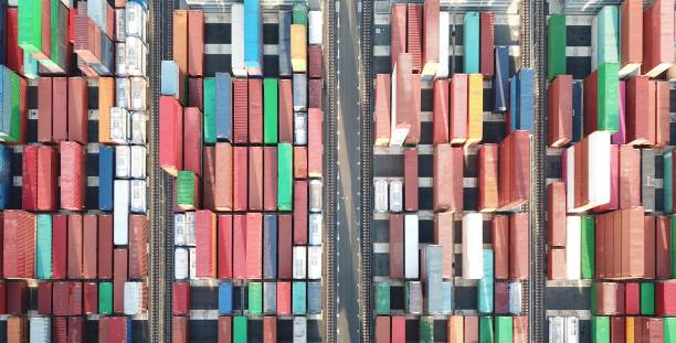 Vibrant shipping containers Aerial view of shipping containers in port. port melbourne melbourne stock pictures, royalty-free photos & images