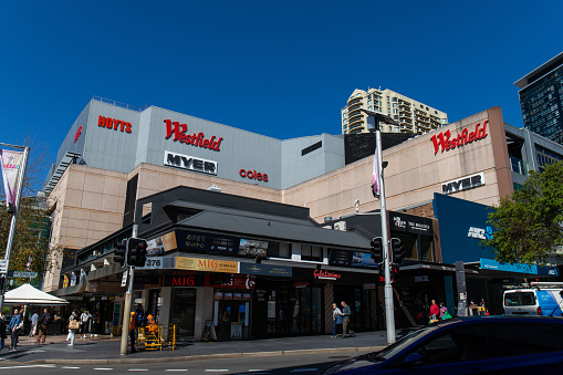 Sydney, Australia - September 5, 2020: Exterior view of Westfield Chatswood with blue sky.