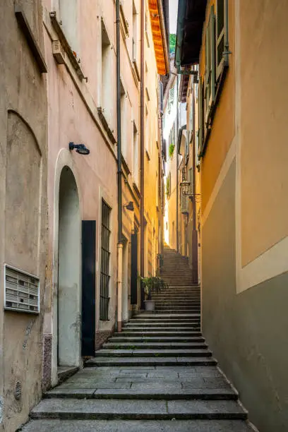 Photo of Morcote village stairway alley called Strecia di Mort street vertical view in the charming Morcote Ticino Switzerland