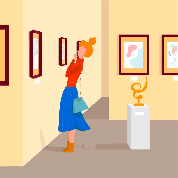 Vector illustration of Young girl  viewing modern abstract paintings at contemporary art gallery Cartoon character abd vector illustration in flat style.