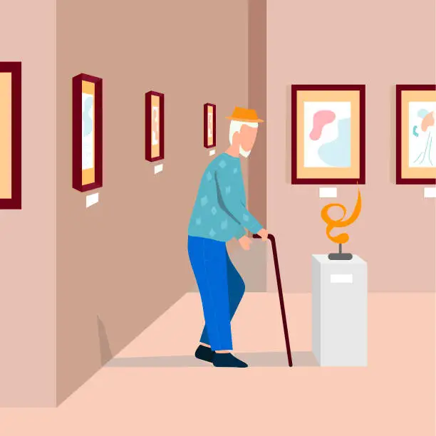 Vector illustration of Old man viewing modern abstract paintings at contemporary art gallery Cartoon character abd vector illustration in flat style.