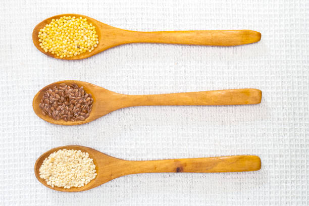 Millet ,sesame and flax seeds stock photo