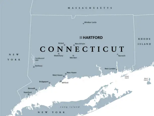 Vector illustration of Connecticut, gray political map, State of Connecticut, CT