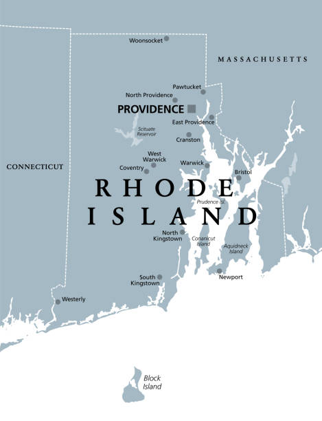 ilustrações, clipart, desenhos animados e ícones de estado de rhode island e providência plantations, mapa político cinza - aquidneck island