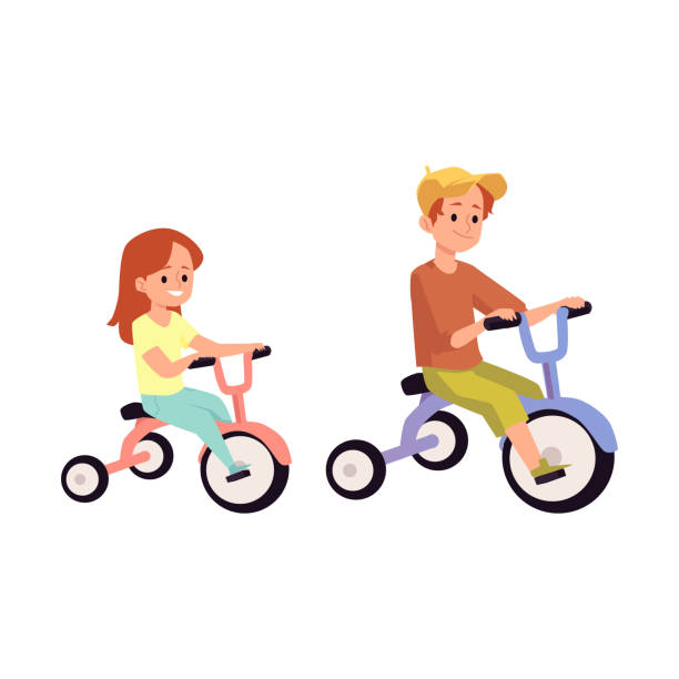 Vector isolated illustration of a boy and girl riding bicycles Brother and sister ride on a tricycle. Smiling boy and girl have fun together. Flat cartoon vector illustration isolated on a white background. tricycle stock illustrations