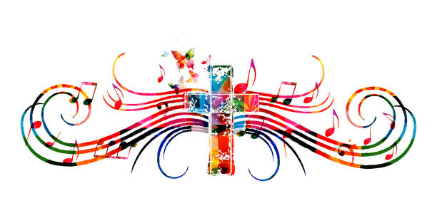 Colorful christian cross with music notes isolated vector illustration. Religion themed background. Design for gospel church music, choir singing, concert, festival, Christianity, prayer Colorful christian cross with music notes isolated vector illustration. Religion themed background. Design for gospel church music, choir singing, concert, festival, Christianity, prayer church clipart stock illustrations