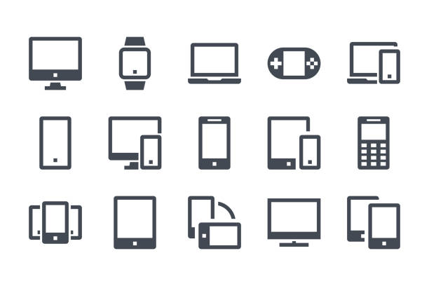 set ikon glyph perangkat. ikon isi komputer, smartphone, dan perangkat elektronik. koleksi tanda vektor solid perangkat pintar. - laptop ilustrasi stok
