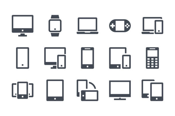 장치 글리프 아이콘 세트입니다. 컴퓨터, 스마트폰 및 전자 기기에는 아이콘이 채워져 있습니다. 스마트 장치 솔리드 벡터 사인 컬렉션. - digital pc stock illustrations