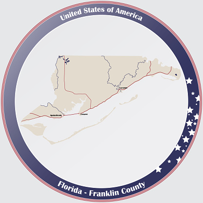 Round button with detailed map of Franklin County in Florida, USA.