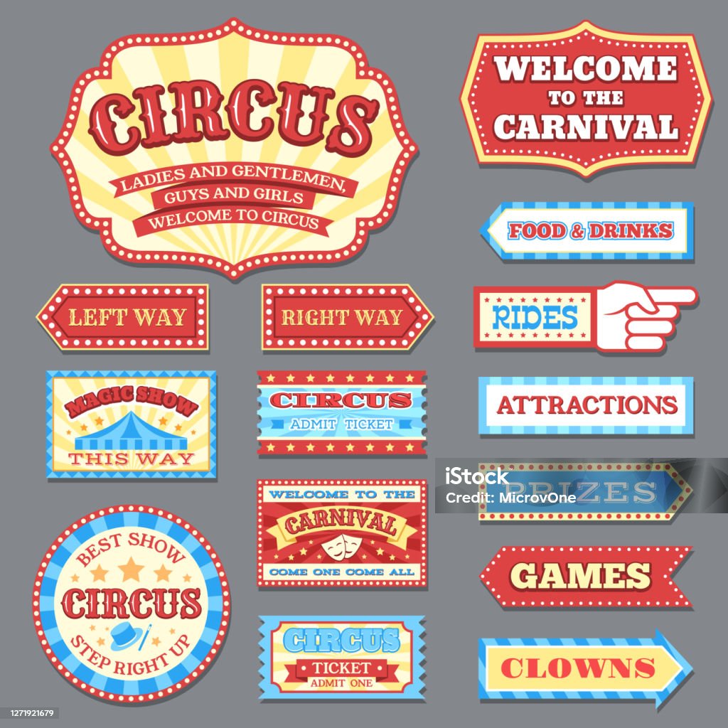 Vintage etiquetas de circo y colección de vectores de carteles de carnaval - arte vectorial de Circo libre de derechos