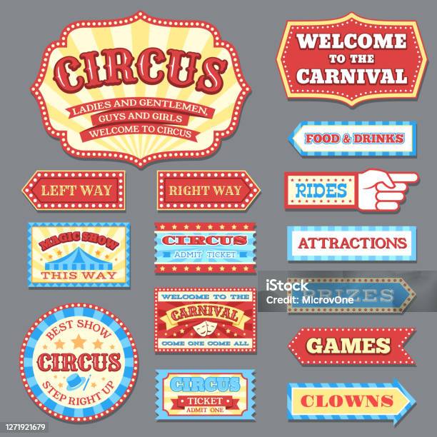 Ilustración de Vintage Etiquetas De Circo Y Colección De Vectores De Carteles De Carnaval y más Vectores Libres de Derechos de Circo
