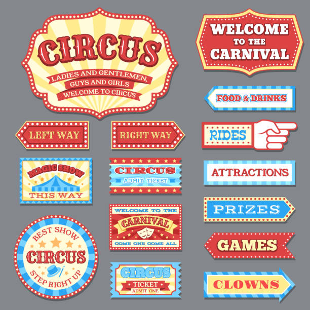 illustrazioni stock, clip art, cartoni animati e icone di tendenza di etichette da circo vintage e collezione vettoriale di cartelloni di carnevale - circus