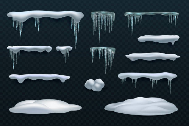 Snow caps and icicles. Snowball and snowdrift vector winter decorations isolated Snow elements. Snowball and snowdrift, icicles and snowcap borders. Isolated winter vector set. Illustration of snowball effect, frost snowcap ice borders stock illustrations