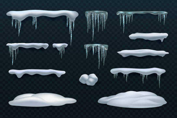 Snow caps and icicles. Snowball and snowdrift vector winter decorations isolated Snow elements. Snowball and snowdrift, icicles and snowcap borders. Isolated winter vector set. Illustration of snowball effect, frost snowcap icicle cartoon stock illustrations