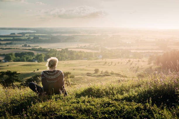 ritratto di una donna matura che si guarda in campagna. - denmark foto e immagini stock