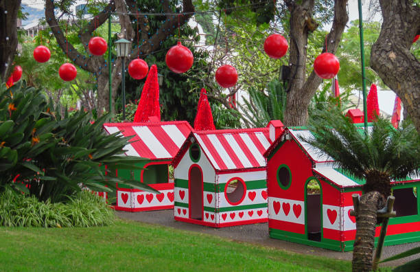 Christmas houses in the park Little houses in Christmas style for children to play in, Municipal Garden of Funchal (Jardim Municipal do Funchal), Madeira Island, Portugal, Europe funchal christmas stock pictures, royalty-free photos & images