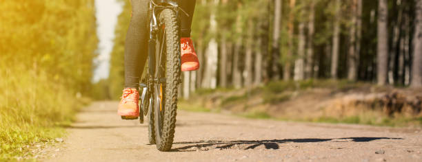istock Woman riding a mountain bicycle along path at the forest 1271926650