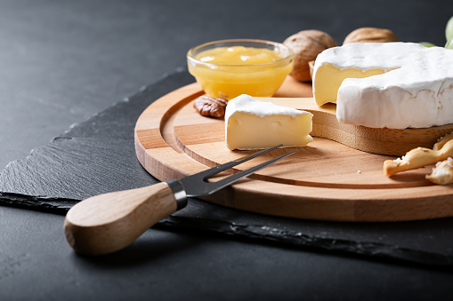 Different types of cheese on backround. Top view